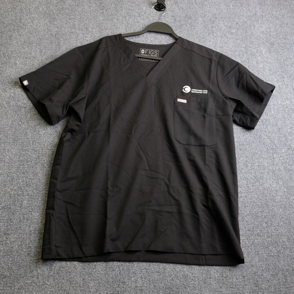 FIGS Scrub Top Mens L Black Christiana Care Respiratory V-Neck FIONTechnology